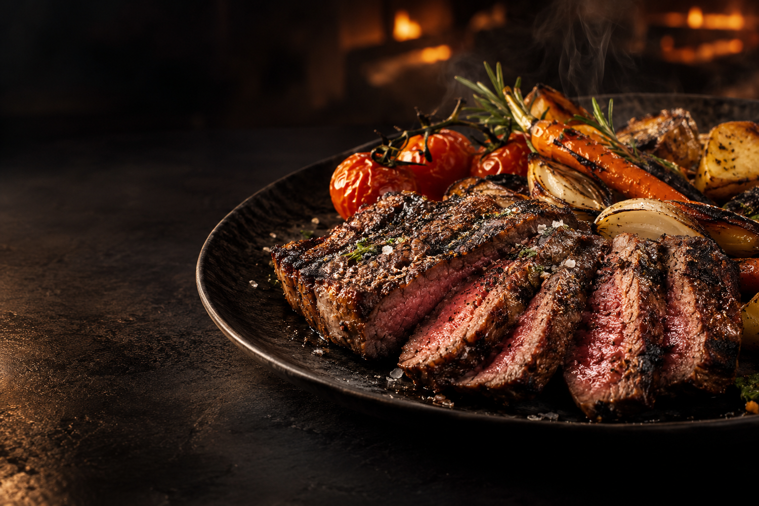 Flame-grilled steak with roasted vegetables